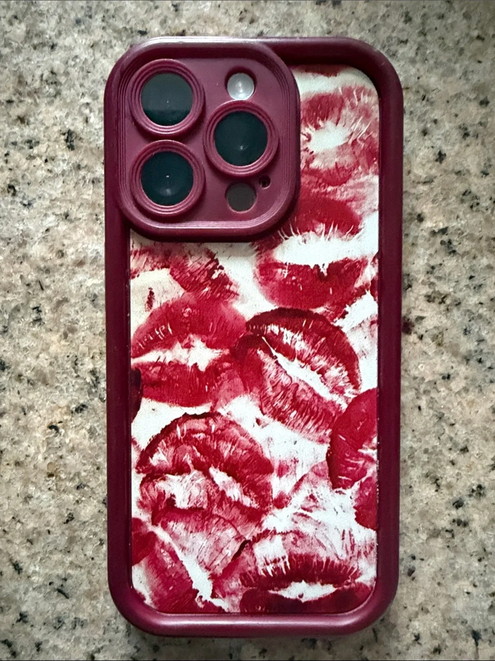 iPhone 15 Pro Phone Case with Red Lip Print Design - Burgundy Edge